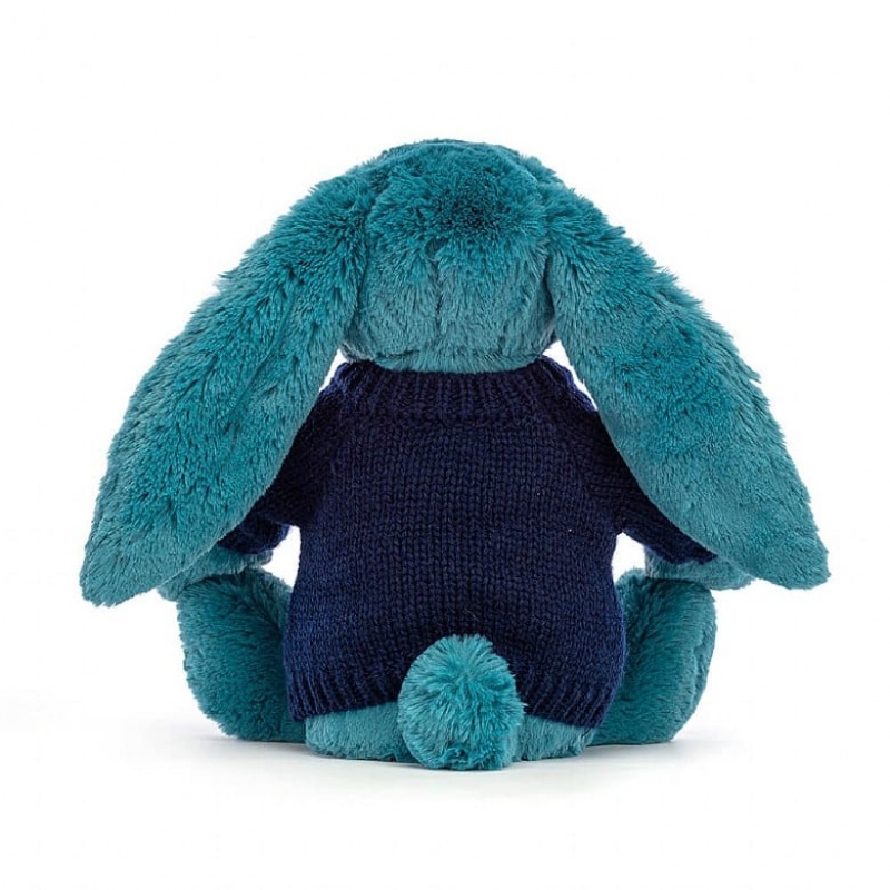 Jellycat Bashful Mineral Blue Hase mit personalisiertem marineblauem Pullover Mittelgroß | KFGV-67150