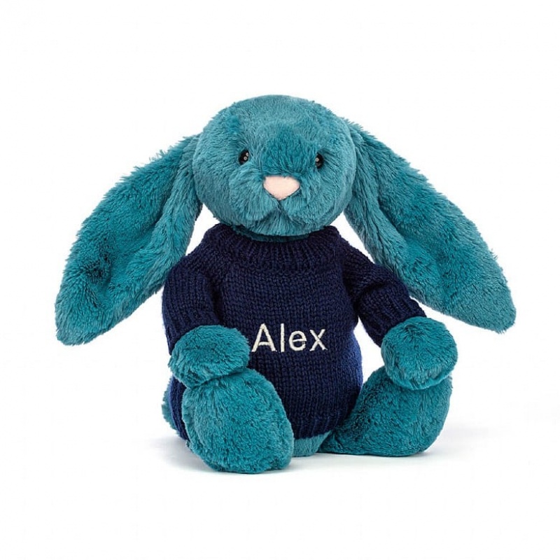 Jellycat Bashful Mineral Blue Hase mit personalisiertem marineblauem Pullover Mittelgroß | KFGV-67150