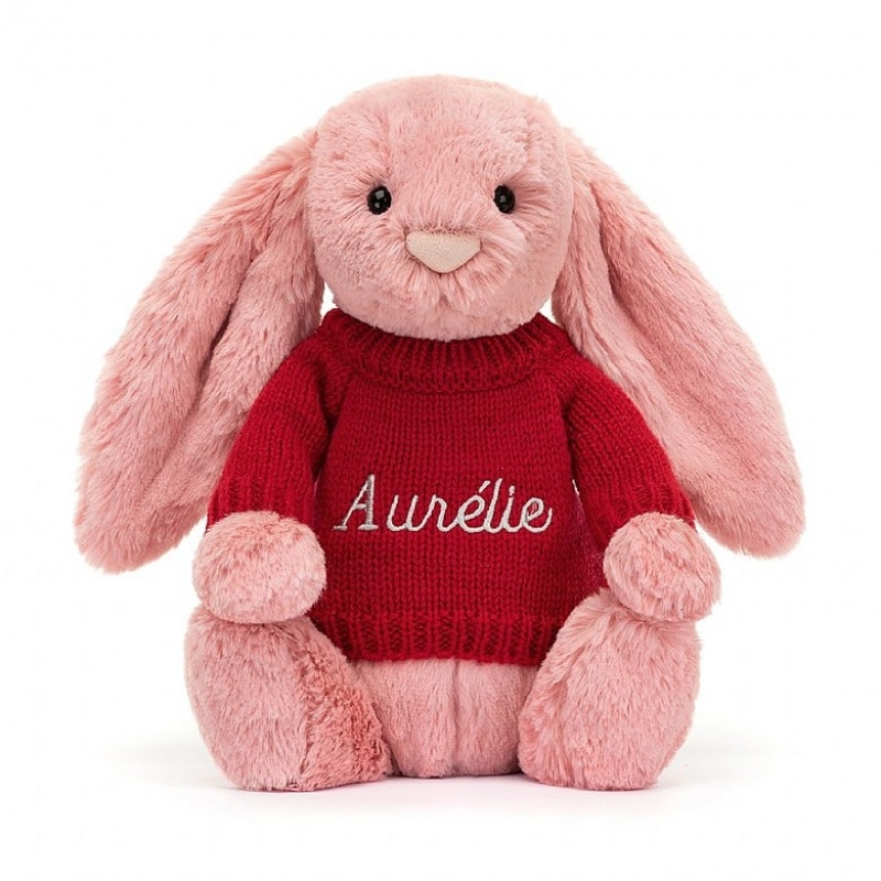 Jellycat Bashful Petal Hase mit personalisiertem roten Pullover Mittelgroß | NLRG-15284