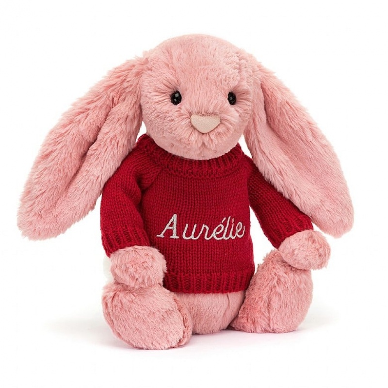 Jellycat Bashful Petal Hase mit personalisiertem roten Pullover Mittelgroß | NLRG-15284