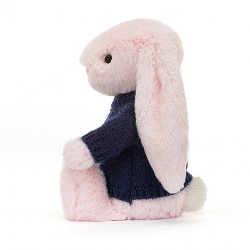 Jellycat Bashful Pink Hase mit personalisiertem marineblauem Pullover Mittelgroß | SQDO-34860