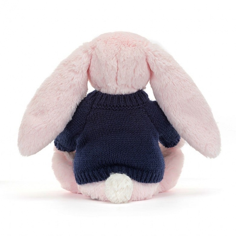 Jellycat Bashful Pink Hase mit personalisiertem marineblauem Pullover Mittelgroß | SQDO-34860