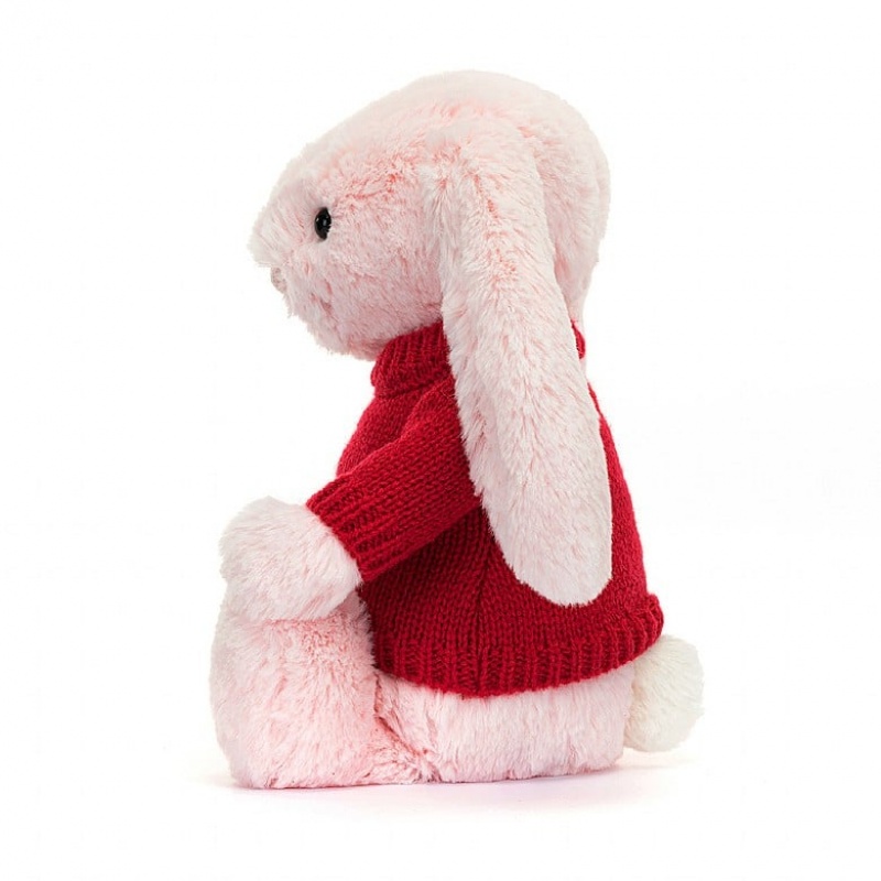 Jellycat Bashful Pink Hase mit personalisiertem roten Pullover Mittelgroß | GSLC-01574