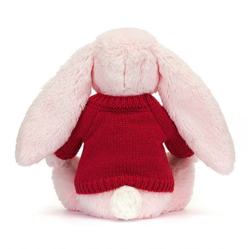 Jellycat Bashful Pink Hase mit personalisiertem roten Pullover Mittelgroß | GSLC-01574