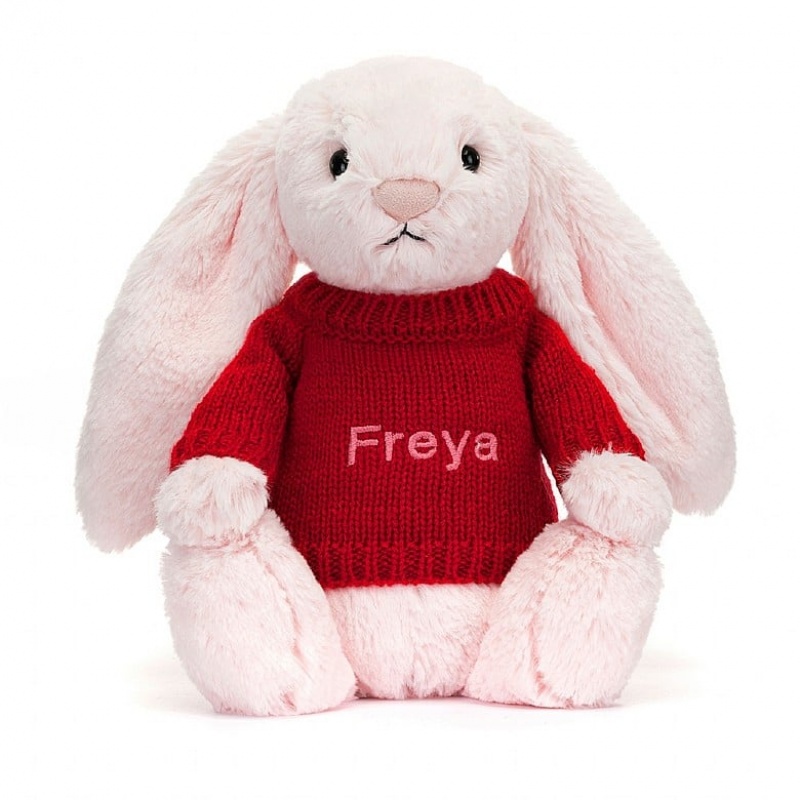 Jellycat Bashful Pink Hase mit personalisiertem roten Pullover Mittelgroß | GSLC-01574