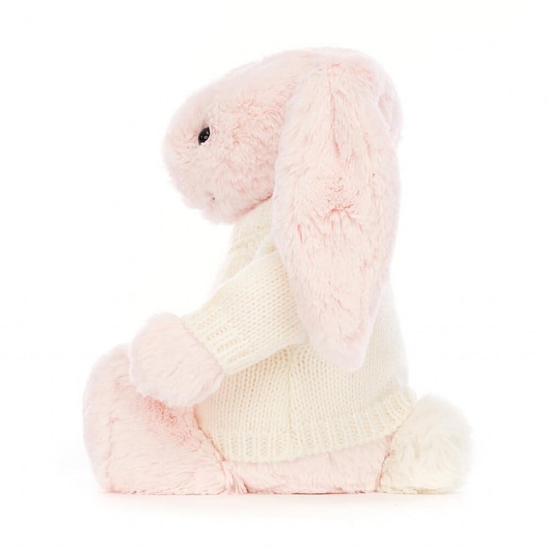 Jellycat Bashful Pink Hase mit personalisiertem cremefarbenen Pullover Mittelgroß | GQTA-53284