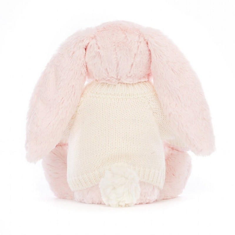 Jellycat Bashful Pink Hase mit personalisiertem cremefarbenen Pullover Mittelgroß | GQTA-53284