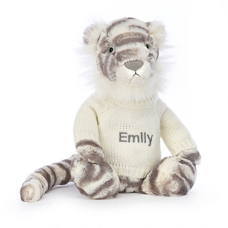 Jellycat Bashful Schneetiger mit personalisiertem cremefarbenen Pullover Mittelgroß | CUFT-62901