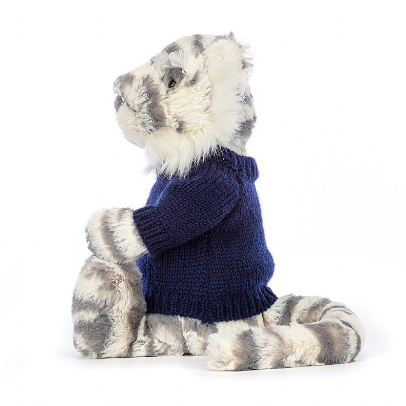 Jellycat Bashful Schneetiger mit personalisiertem marineblauem Pullover Mittelgroß | RUDQ-15624