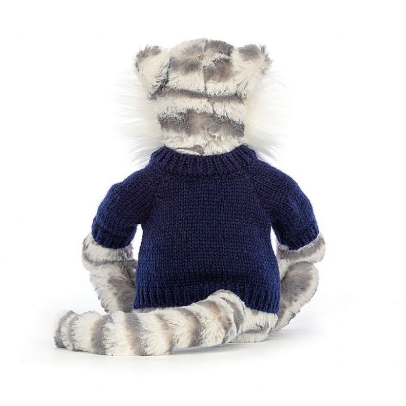 Jellycat Bashful Schneetiger mit personalisiertem marineblauem Pullover Mittelgroß | RUDQ-15624