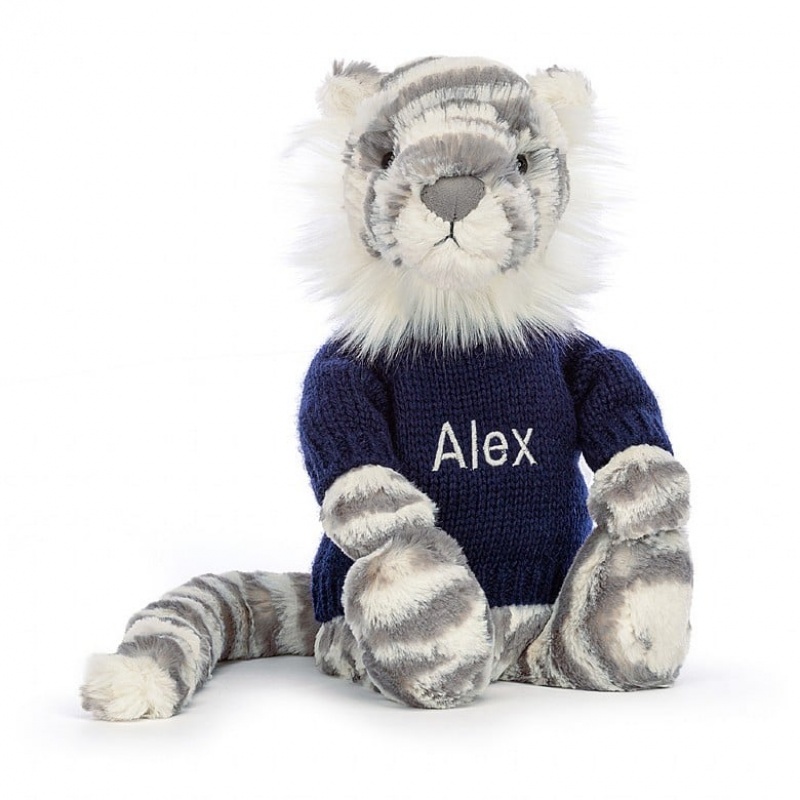 Jellycat Bashful Schneetiger mit personalisiertem marineblauem Pullover Mittelgroß | RUDQ-15624