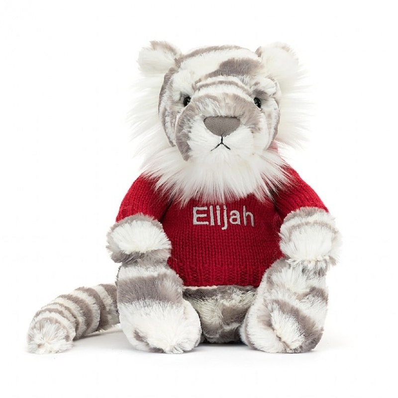 Jellycat Bashful Schneetiger mit personalisiertem roten Pullover Mittelgroß | VDWQ-01824