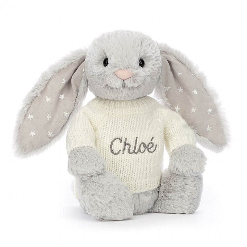 Jellycat Bashful Shimmer Hase mit personalisiertem cremefarbenen Pullover Mittelgroß | HKLM-43861