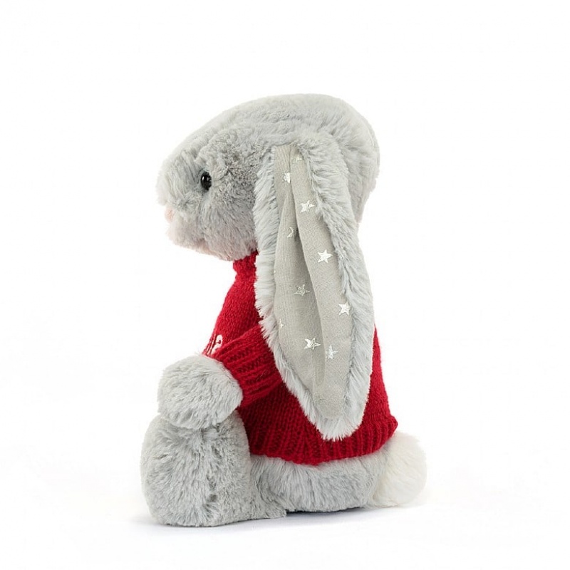 Jellycat Bashful Shimmer Hase mit personalisiertem roten Pullover Mittelgroß | ANGK-37684