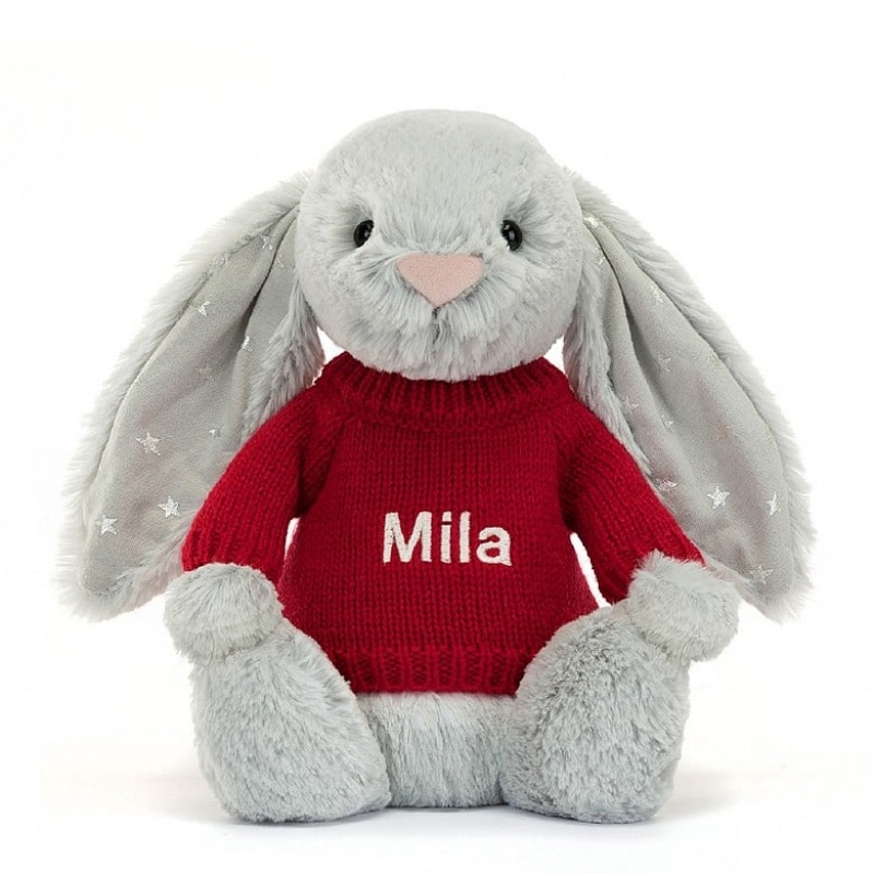 Jellycat Bashful Shimmer Hase mit personalisiertem roten Pullover Mittelgroß | ANGK-37684