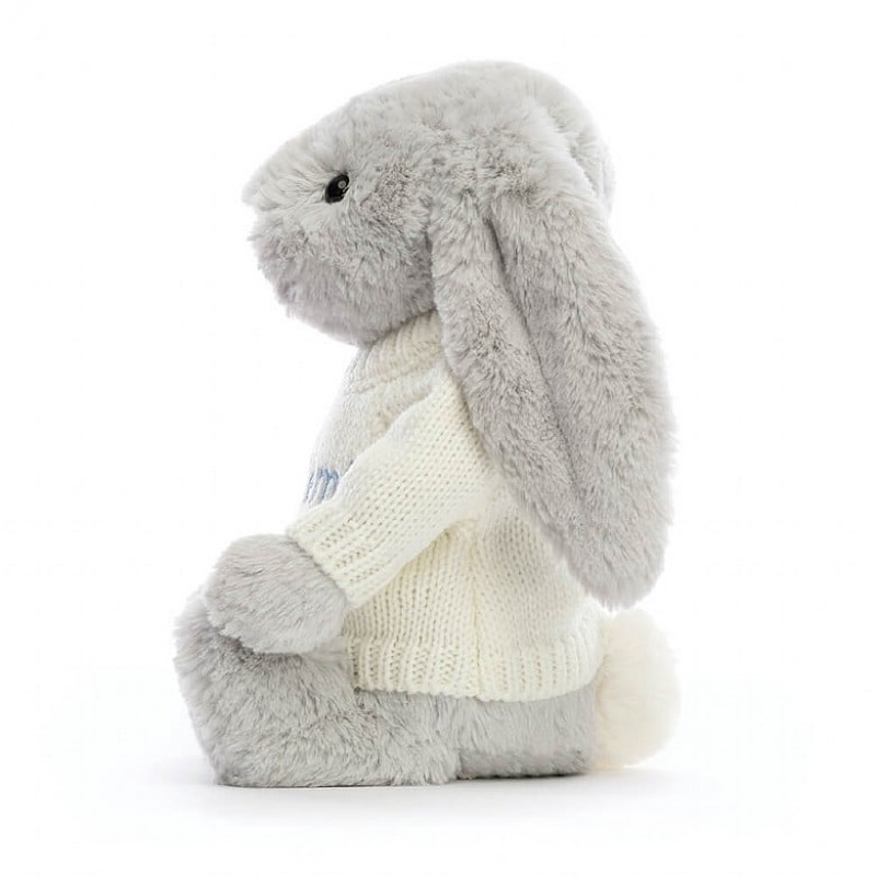 Jellycat Bashful Silver Hase mit personalisiertem cremefarbenen Pullover Mittelgroß | TIND-50896