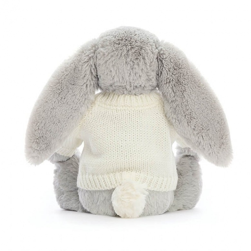 Jellycat Bashful Silver Hase mit personalisiertem cremefarbenen Pullover Mittelgroß | TIND-50896