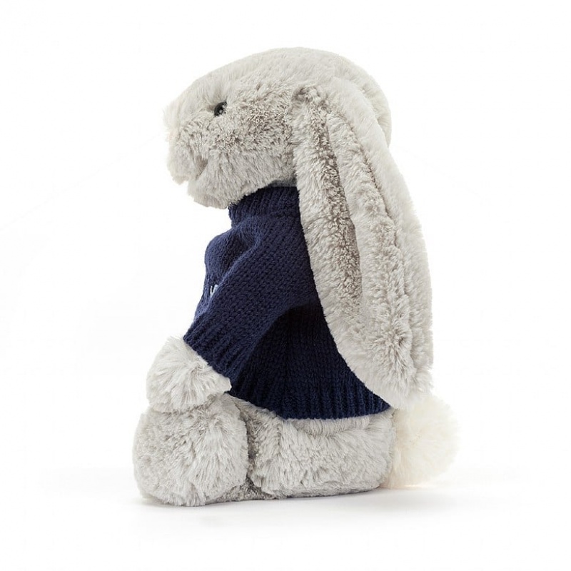 Jellycat Bashful Silver Hase mit personalisiertem marineblauem Pullover Mittelgroß | EAKW-09837