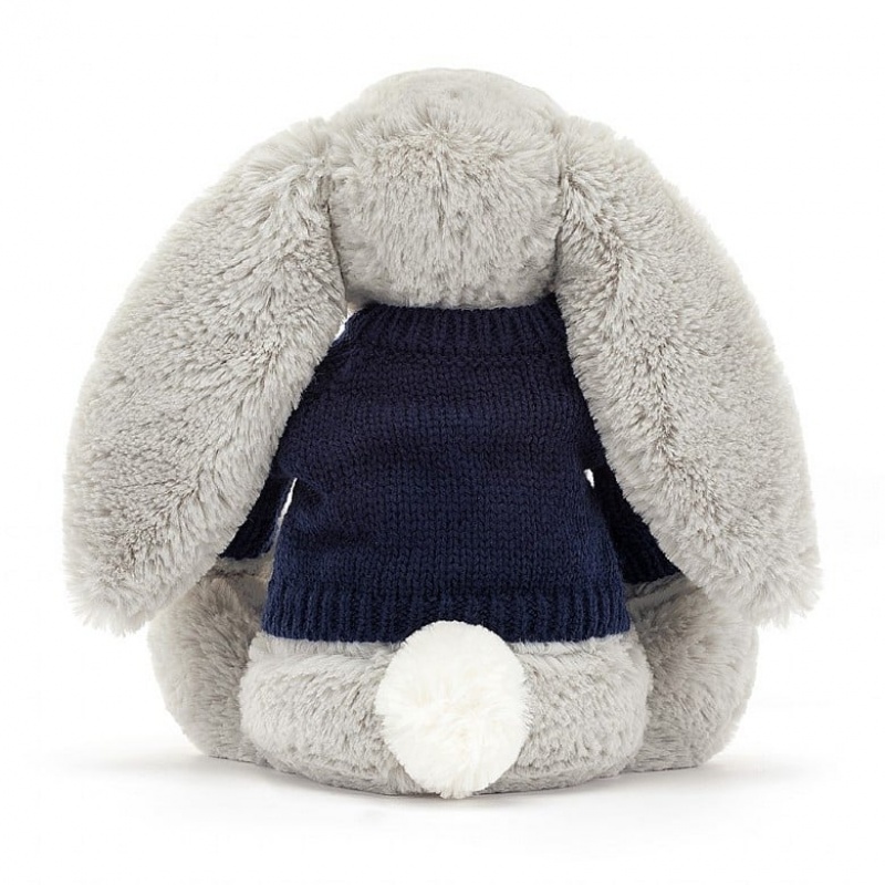 Jellycat Bashful Silver Hase mit personalisiertem marineblauem Pullover Mittelgroß | EAKW-09837