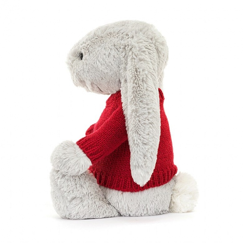 Jellycat Bashful Silver Hase mit personalisiertem roten Pullover Mittelgroß | HWDT-97056