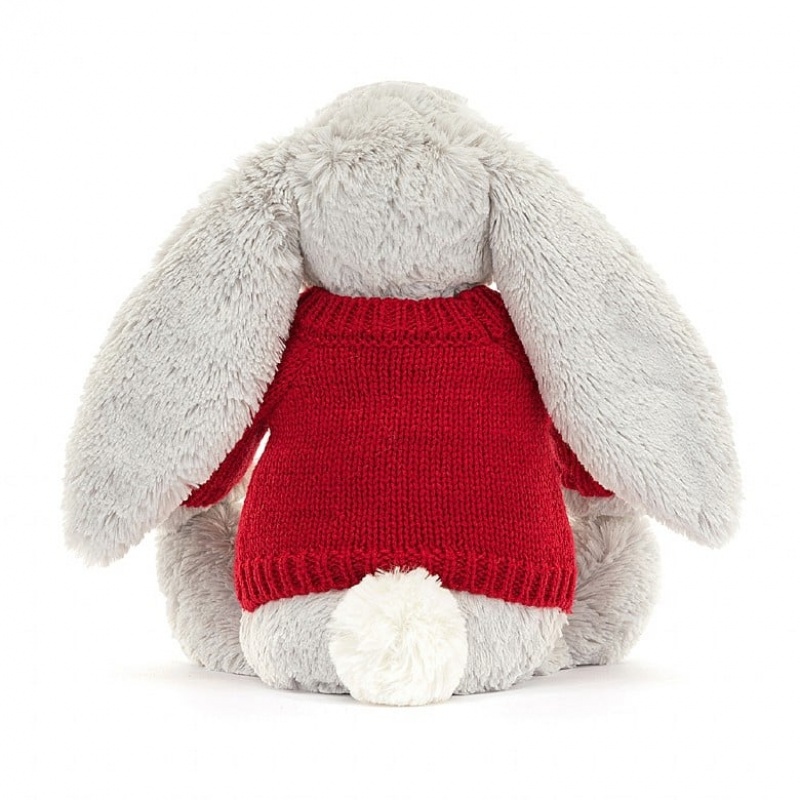 Jellycat Bashful Silver Hase mit personalisiertem roten Pullover Mittelgroß | HWDT-97056