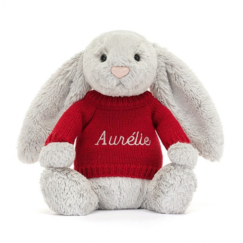 Jellycat Bashful Silver Hase mit personalisiertem roten Pullover Mittelgroß | HWDT-97056