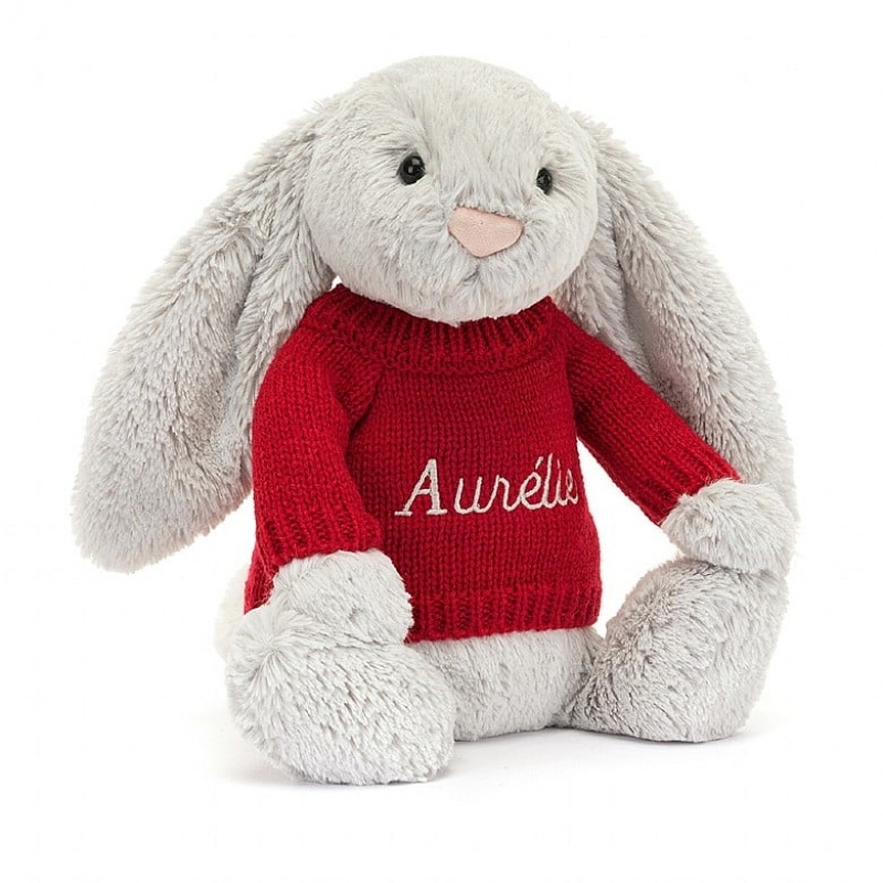 Jellycat Bashful Silver Hase mit personalisiertem roten Pullover Mittelgroß | HWDT-97056