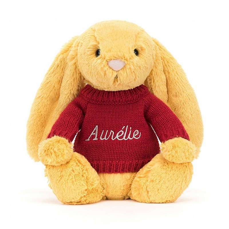 Jellycat Bashful Sunshine Hase mit personalisiertem roten Pullover Mittelgroß | XELD-68974