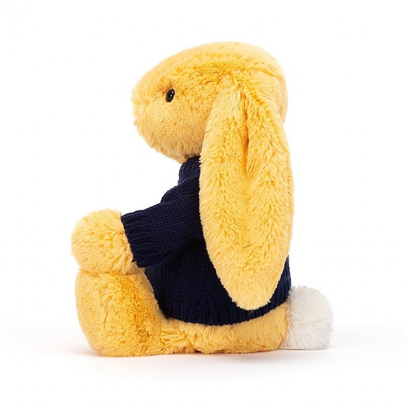 Jellycat Bashful Sunshine Hase mit personalisiertem marineblauem Pullover Mittelgroß | FKZD-20675