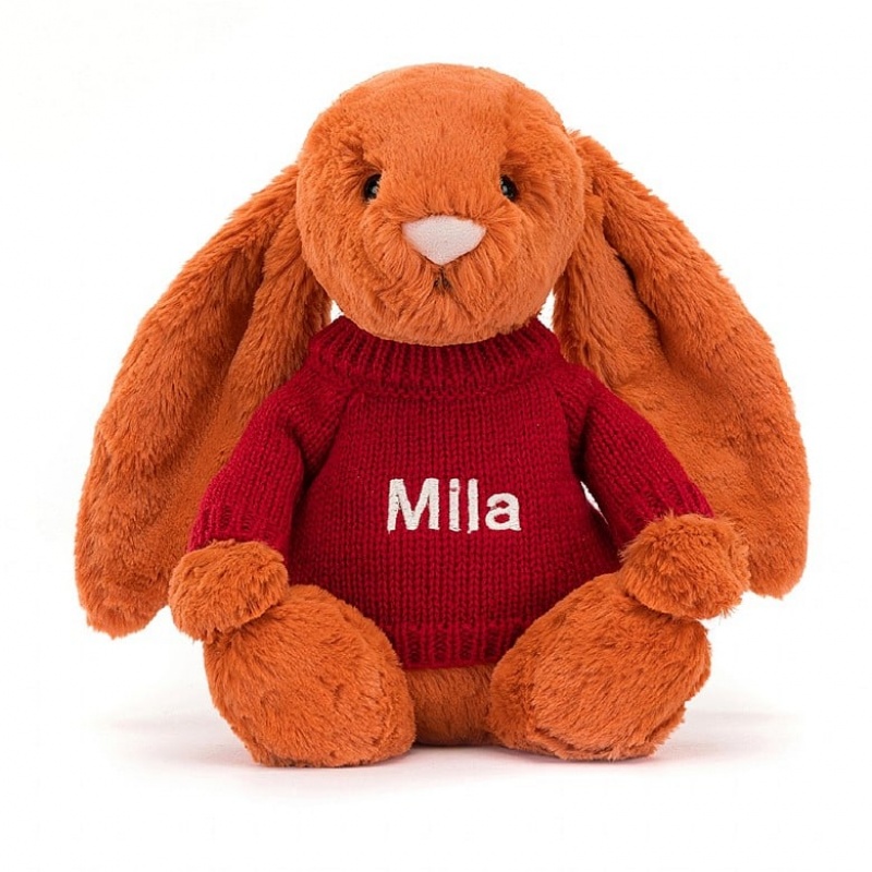 Jellycat Bashful Tangerine Hase mit personalisiertem roten Pullover Mittelgroß | GCQO-20816