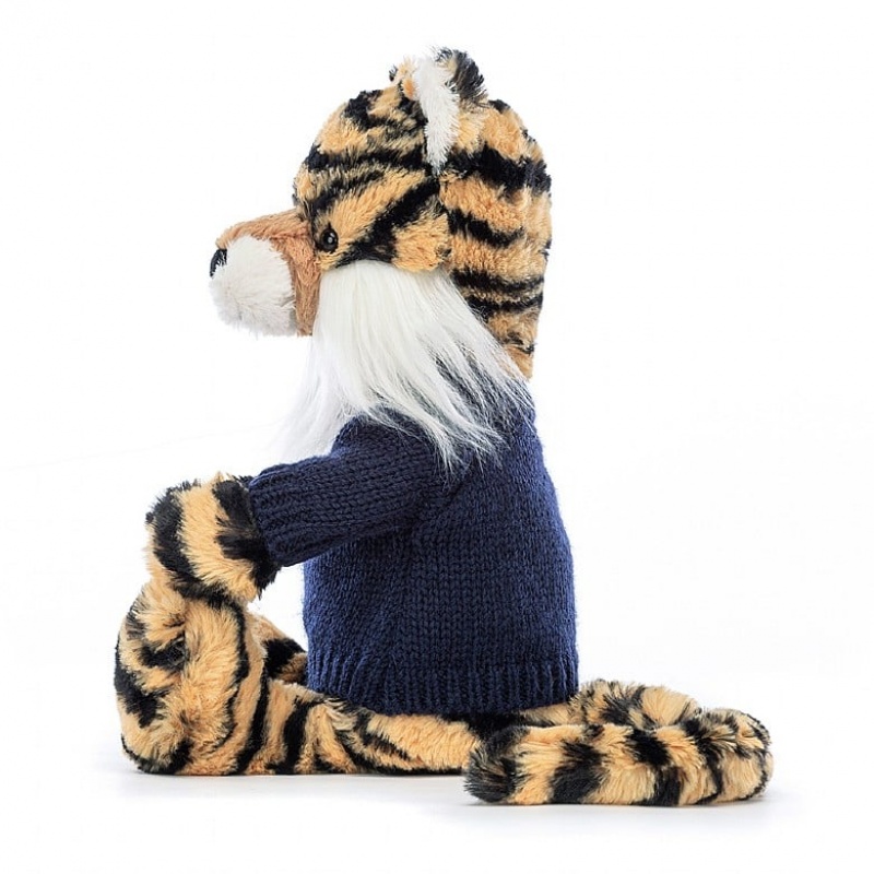 Jellycat Bashful Tiger mit personalisiertem marineblauem Pullover Mittelgroß | SUKA-09518