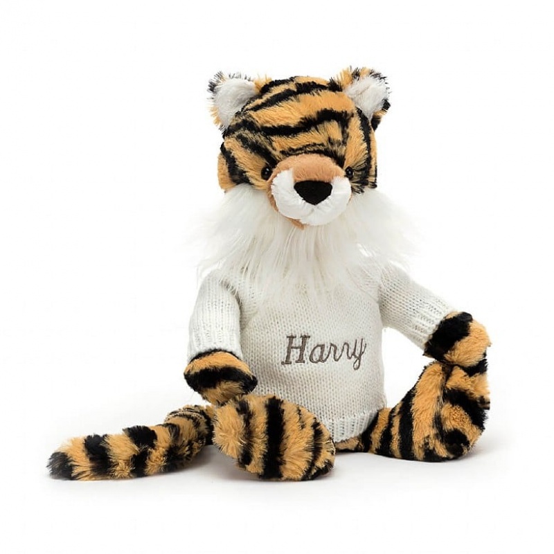 Jellycat Bashful Tiger mit personalisiertem cremefarbenen Pullover Mittelgroß | MTDI-48925