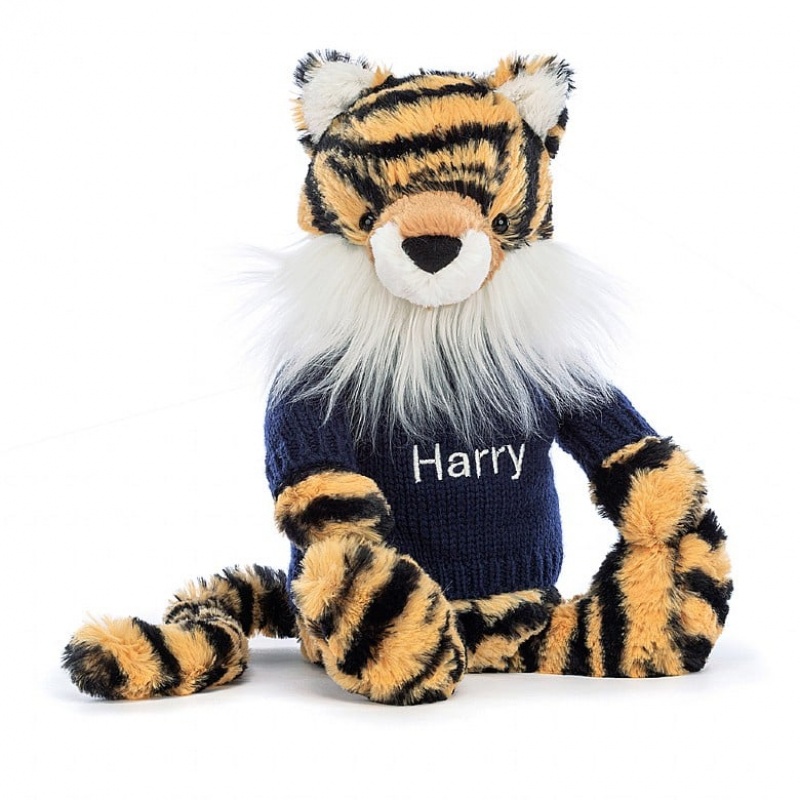 Jellycat Bashful Tiger mit personalisiertem marineblauem Pullover Mittelgroß | GOVB-05691