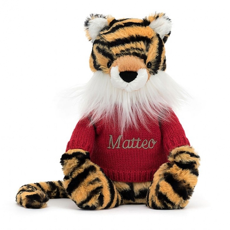 Jellycat Bashful Tiger mit personalisiertem roten Pullover Mittelgroß | CLVE-61539