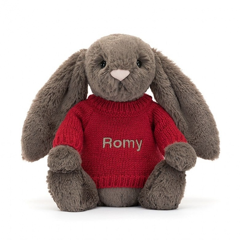 Jellycat Bashful Truffle Hase mit personalisiertem roten Pullover Mittelgroß | HWIO-28604