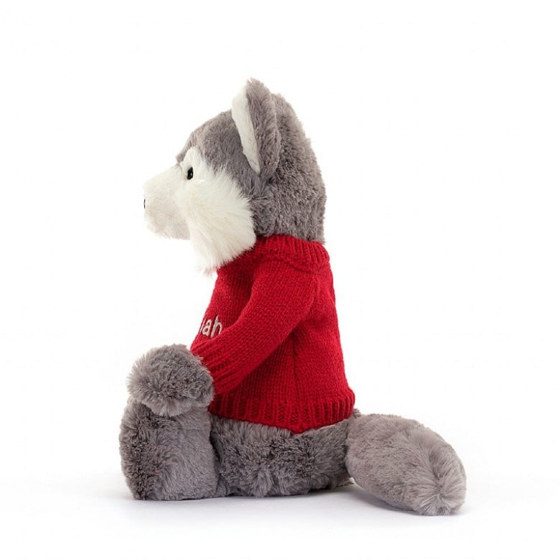 Jellycat Bashful Wolf mit personalisiertem roten Pullover Mittelgroß | JGQM-76902