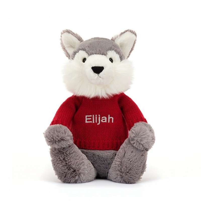 Jellycat Bashful Wolf mit personalisiertem roten Pullover Mittelgroß | JGQM-76902