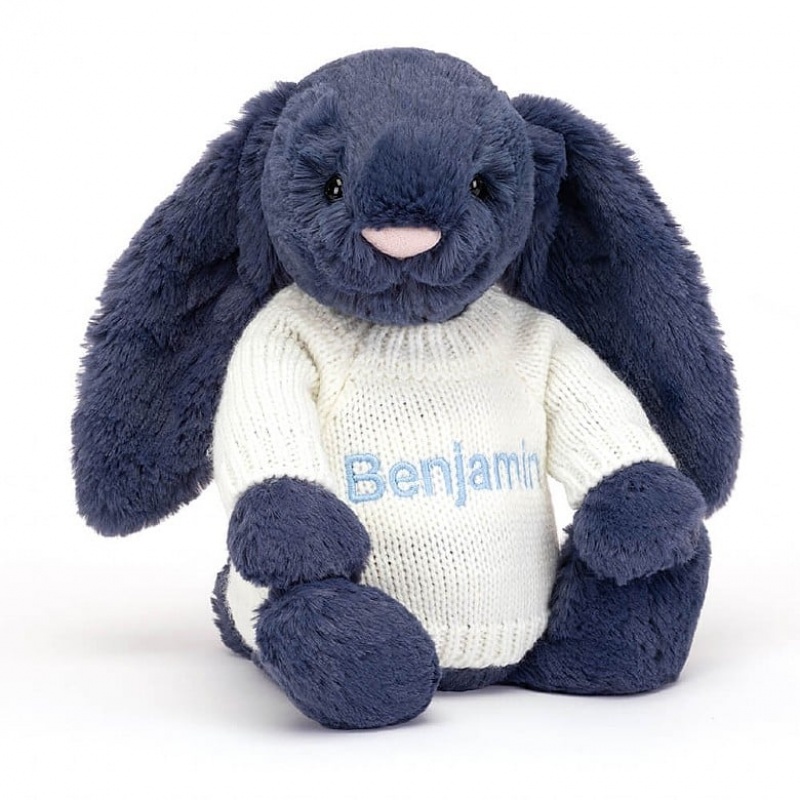 Jellycat Bashful marineblauem Hase mit personalisiertem cremefarbenen Pullover Mittelgroß | DQTO-32148