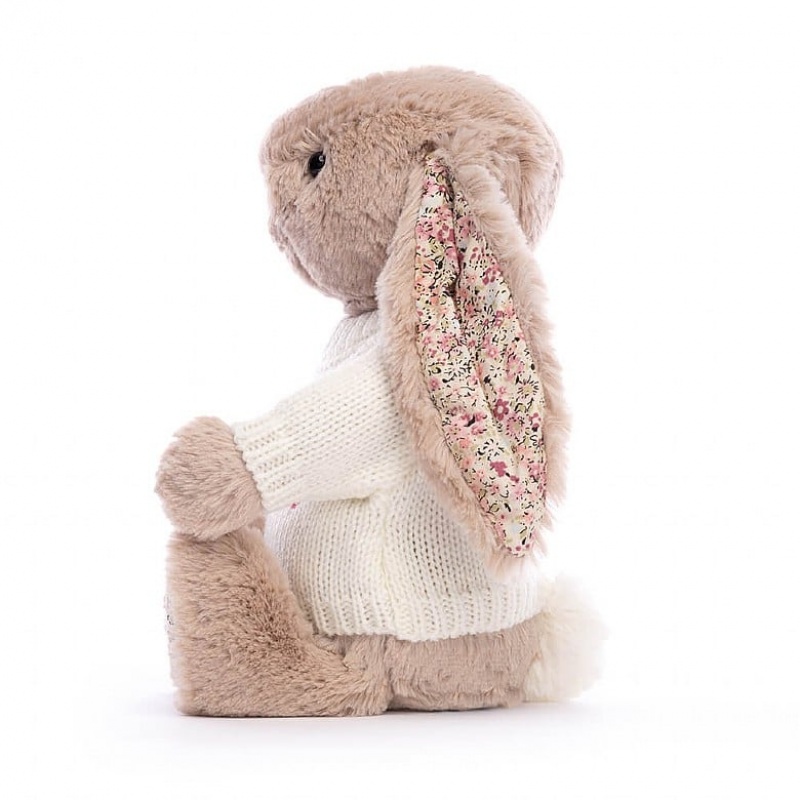 Jellycat Blossom Bea Beige Hase mit personalisiertem cremefarbenen Pullover Mittelgroß | SMGU-90145