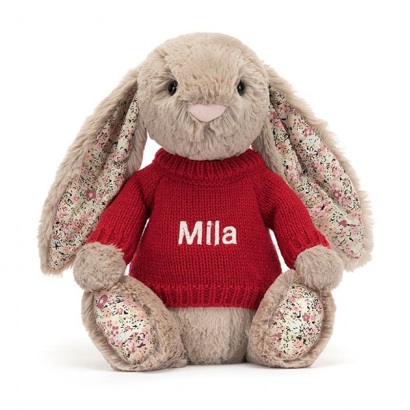 Jellycat Blossom Bea Beige Hase mit personalisiertem roten Pullover Mittelgroß | UZXT-96851