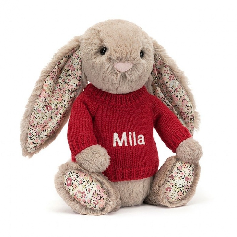 Jellycat Blossom Bea Beige Hase mit personalisiertem roten Pullover Mittelgroß | UZXT-96851