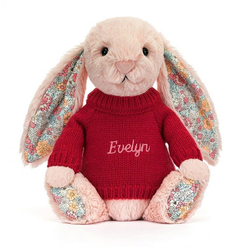 Jellycat Blossom Blush Hase mit personalisiertem roten Pullover Mittelgroß | BOLJ-95817