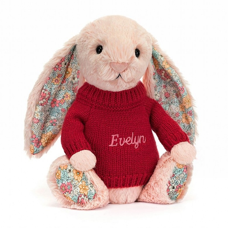 Jellycat Blossom Blush Hase mit personalisiertem roten Pullover Mittelgroß | BOLJ-95817