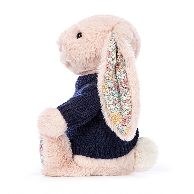 Jellycat Blossom Blush Hase mit personalisiertem marineblauem Pullover Mittelgroß | SUOR-59671