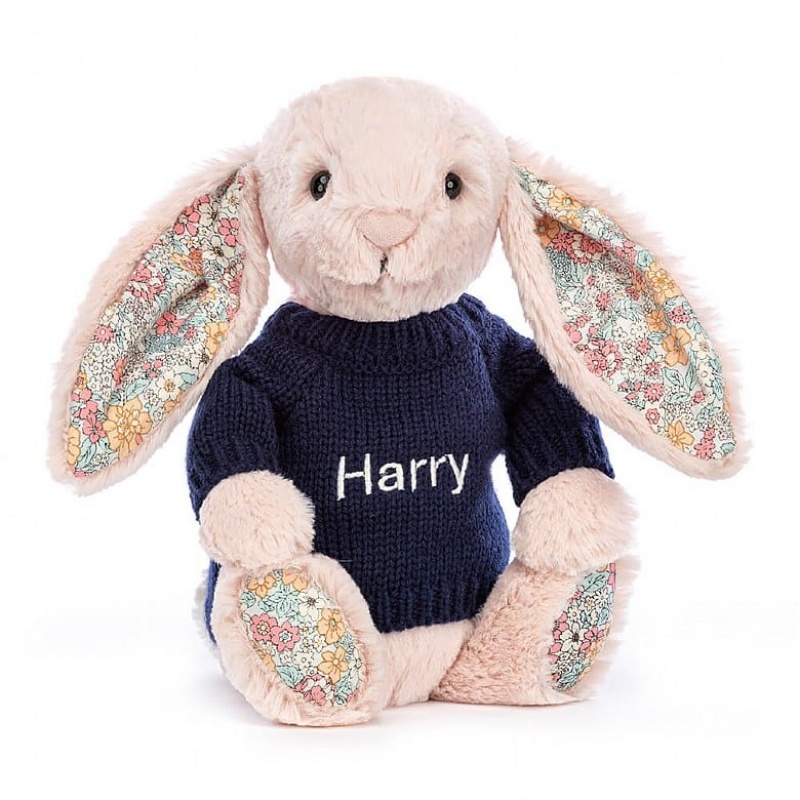 Jellycat Blossom Blush Hase mit personalisiertem marineblauem Pullover Mittelgroß | NRFA-31785