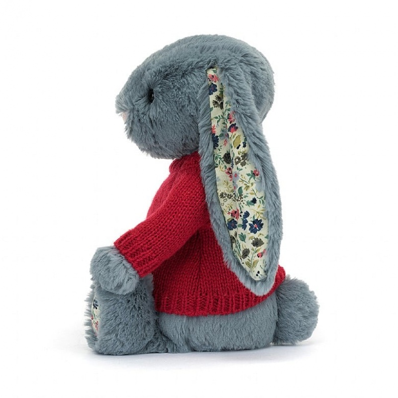 Jellycat Blossom Dusky Blue Hase mit personalisiertem roten Pullover Mittelgroß | PCSR-08724