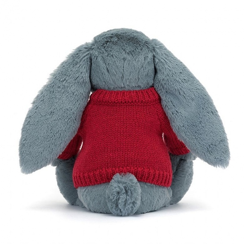 Jellycat Blossom Dusky Blue Hase mit personalisiertem roten Pullover Mittelgroß | PCSR-08724