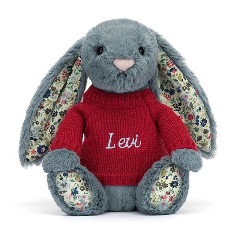 Jellycat Blossom Dusky Blue Hase mit personalisiertem roten Pullover Mittelgroß | PCSR-08724