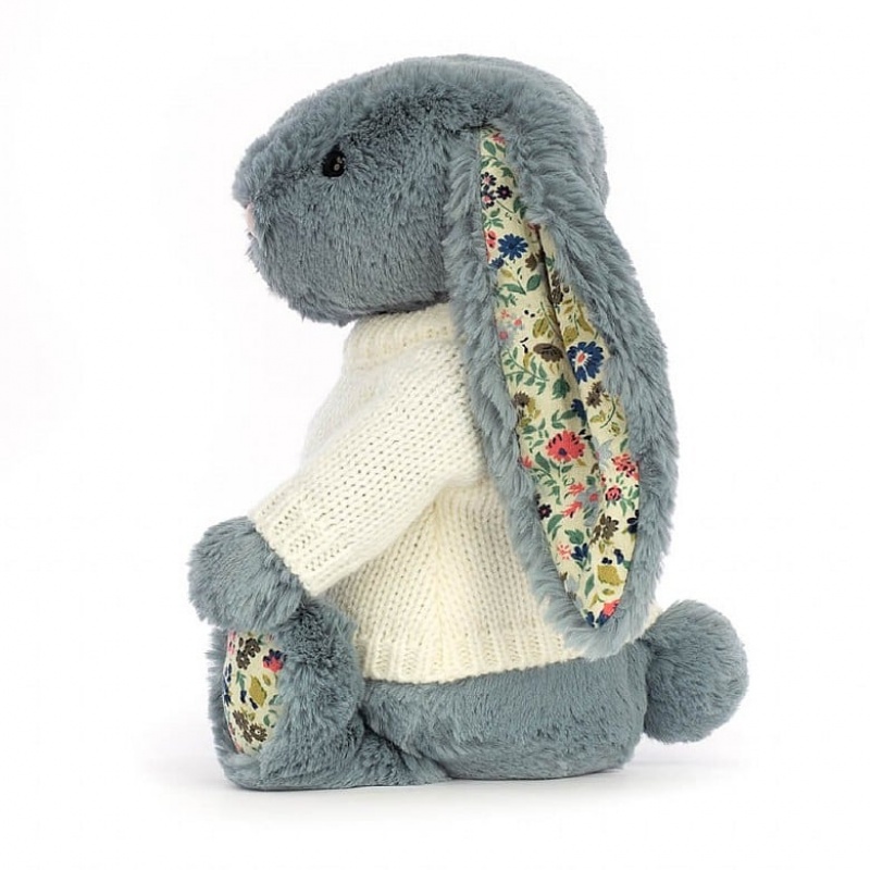 Jellycat Blossom Dusky Blue mit personalisiertem cremefarbenen Pullover Mittelgroß | JVIW-06394